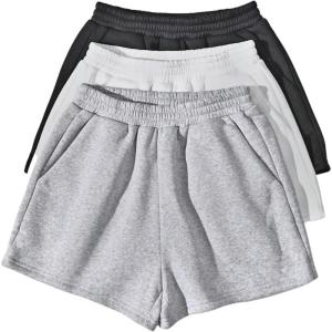 imageSOLY HUX Womens Sweat Shorts 3 Packs Summer Elastic Waist Athletic Shorts with PocketsBlack Grey White