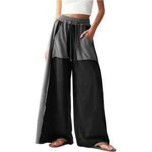 imageSOLY HUX Womens Wide Leg Baggy Sweatpants Acid Wash Drawstring Elastic Waist Palazzo Long Pants with PocketsBlack Colorblock