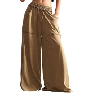 imageSOLY HUX Womens Wide Leg Baggy Sweatpants Acid Wash Drawstring Elastic Waist Palazzo Long Pants with PocketsPure Brown