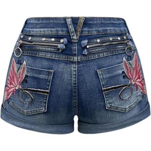 imageSOLY HUX Womens Y2k Butterfly Embroidery Distressed Jean Shorts Vintage Low Rise Mini Denim ShortsBlue Embroidery