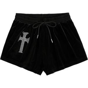 imageSOLY HUX Womens Y2k Rhinestone Velvet Shorts Drawstring Elastic Waist Track ShortsBlack Geometric