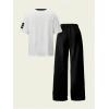 imageSOLY HUX Girls Sporty Outfits Number Graphic Jersey Shirt and Baggy Sweatpants Suit 2 Piece SetWhite and Black
