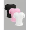 imageSOLY HUX Girls Square Neck Short Sleeve Fitted Tees 3 Packs Basic TShirts Summer TopsWhite Pink Black