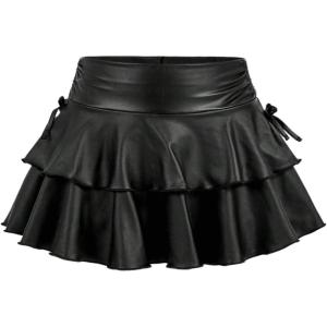 imageSOLY HUX Girls Cute Mini Skirts High Waisted Ruffle Layered Skirts Swing Flowy Skater Tennis SkirtBlack Leather