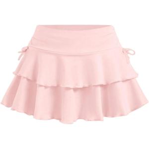 imageSOLY HUX Girls Cute Mini Skirts High Waisted Ruffle Layered Skirts Swing Flowy Skater Tennis SkirtLight Pink