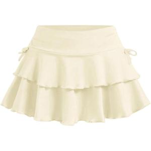 imageSOLY HUX Girls Cute Mini Skirts High Waisted Ruffle Layered Skirts Swing Flowy Skater Tennis SkirtPlain Beige
