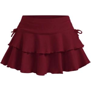 imageSOLY HUX Girls Cute Mini Skirts High Waisted Ruffle Layered Skirts Swing Flowy Skater Tennis SkirtPlain Burgundy