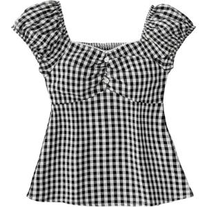 imageSOLY HUX Girls Gingham Tops Y2K Cute Blouse Summer Sweetheart Neck Shirts Aesthetic ClothesBlack Gingham
