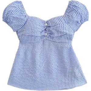 imageSOLY HUX Girls Gingham Tops Y2K Cute Blouse Summer Sweetheart Neck Shirts Aesthetic ClothesBlue and White