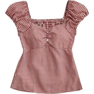 imageSOLY HUX Girls Gingham Tops Y2K Cute Blouse Summer Sweetheart Neck Shirts Aesthetic ClothesRed Plaid