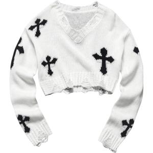 imageSOLY HUX Girls Gothic Print Distressed Crop Sweater Long Sleeve Shirts V Neck Knitted PulloversBlack and White