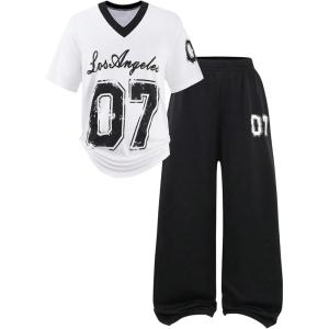 imageSOLY HUX Girls Sporty Outfits Number Graphic Jersey Shirt and Baggy Sweatpants Suit 2 Piece SetBlack and White