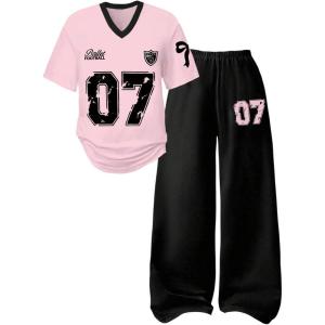 imageSOLY HUX Girls Sporty Outfits Number Graphic Jersey Shirt and Baggy Sweatpants Suit 2 Piece SetPink and Black