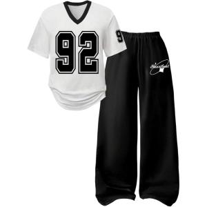 imageSOLY HUX Girls Sporty Outfits Number Graphic Jersey Shirt and Baggy Sweatpants Suit 2 Piece SetWhite and Black