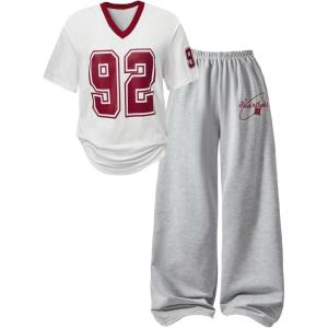 imageSOLY HUX Girls Sporty Outfits Number Graphic Jersey Shirt and Baggy Sweatpants Suit 2 Piece SetWhite and Grey