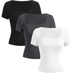 imageSOLY HUX Girls Square Neck Short Sleeve Fitted Tees 3 Packs Basic TShirts Summer TopsBlack Grey White