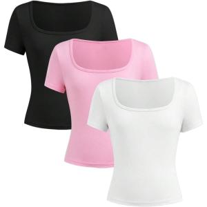 imageSOLY HUX Girls Square Neck Short Sleeve Fitted Tees 3 Packs Basic TShirts Summer TopsWhite Pink Black