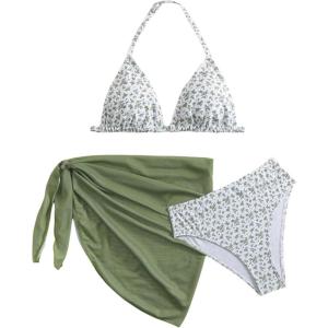 imageSOLY HUX Girls Summer Swimsuit Set Floral Halter Triangle Bikini Set with Wrap Skirts BeachwearGreen and White