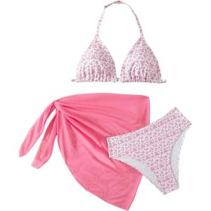 imageSOLY HUX Girls Summer Swimsuit Set Floral Halter Triangle Bikini Set with Wrap Skirts BeachwearPink and White