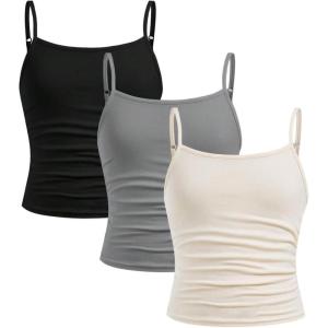 imageSOLY HUX Girls Tank Tops 3 Packs Cute Ruched Spaghetti Strap Camisole Slim Fit UndershirtsBeige Grey Black