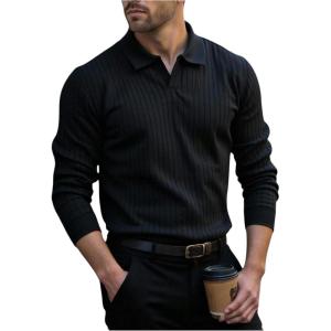 imageSOLY HUX Mens Long Sleeve Ribbed Work Shirts Pullover Collared Business Casual Tops Office ClothesPure Black