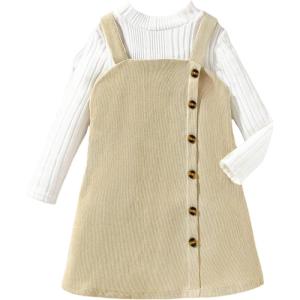 imageSOLY HUX Toddler Girls 2 Piece Outfits Mock Neck Long Sleeve Tee and Button Front Overall Dress SetApricot