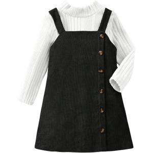 imageSOLY HUX Toddler Girls 2 Piece Outfits Mock Neck Long Sleeve Tee and Button Front Overall Dress SetBlack and White