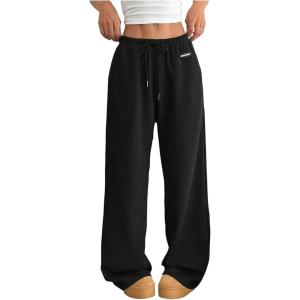 imageSOLY HUX Womens Drawstring Sweatpants Low Rise Baggy Wide Leg Pants with PocketsBlack Letter Patched