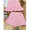 imageSOLY HUX Girls Summer Plaid Print Outfits 2 Piece Bowknot Ruffle Tank Top and Shorts Vacation ClothesLight Pink and White