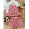 imageSOLY HUX Girls Summer Plaid Print Outfits 2 Piece Bowknot Ruffle Tank Top and Shorts Vacation ClothesRed and White