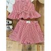 imageSOLY HUX Girls Summer Plaid Print Outfits 2 Piece Bowknot Ruffle Tank Top and Shorts Vacation ClothesRed and White