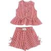 imageSOLY HUX Girls Summer Plaid Print Outfits 2 Piece Bowknot Ruffle Tank Top and Shorts Vacation ClothesRed and White
