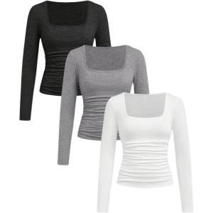imageSOLY HUX Girls 3 Piece T Shirt Square Neck Long Sleeve Ruched Tee Slim Fitted Basic TopsBlack and Grey and White