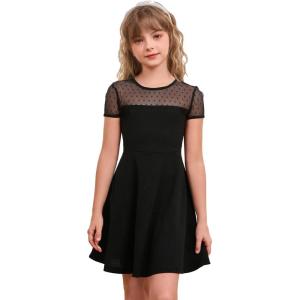 imageSOLY HUX Girls Dresses Sheer Mesh Short Sleeve High Waist A Line Flared Short DressBlack Polka Dots