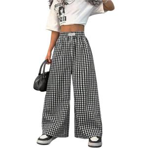 imageSOLY HUX Girls Plaid Gingham Baggy Pants Elastic High Waisted Wide Leg Long Pants TrousersBlack and White Plaid