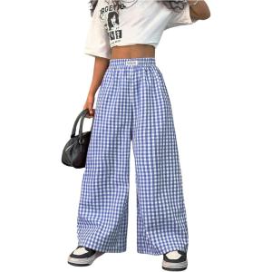 imageSOLY HUX Girls Plaid Gingham Baggy Pants Elastic High Waisted Wide Leg Long Pants TrousersBlue Plaid