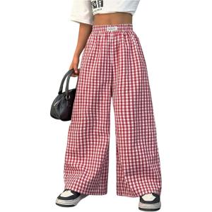 imageSOLY HUX Girls Plaid Gingham Baggy Pants Elastic High Waisted Wide Leg Long Pants TrousersRed Plaid