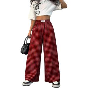 imageSOLY HUX Girls Plaid Gingham Baggy Pants Elastic High Waisted Wide Leg Long Pants TrousersRed and Black Gingham