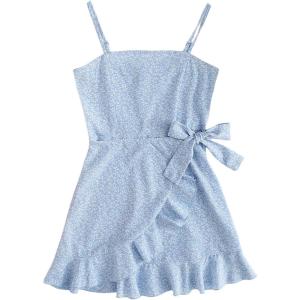 imageSOLY HUX Girls Spaghetti Strap Dress Floral Print Sleeveless Summer Beach Casual Sundress Aline Mini DressesLight Blue