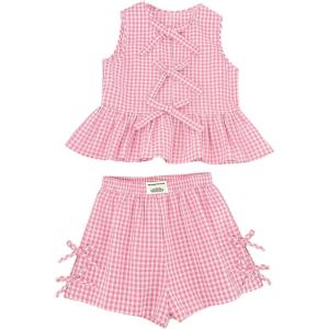 imageSOLY HUX Girls Summer Plaid Print Outfits 2 Piece Bowknot Ruffle Tank Top and Shorts Vacation ClothesLight Pink and White