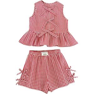 imageSOLY HUX Girls Summer Plaid Print Outfits 2 Piece Bowknot Ruffle Tank Top and Shorts Vacation ClothesRed and White