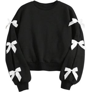 imageSOLY HUX Girls Y2k Bow Sweatshirt Crew Neck Drop Shoulder Long Sleeve Cute Pullover TopsPure Black