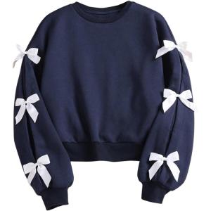 imageSOLY HUX Girls Y2k Bow Sweatshirt Crew Neck Drop Shoulder Long Sleeve Cute Pullover TopsPure Blue