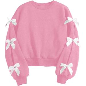 imageSOLY HUX Girls Y2k Bow Sweatshirt Crew Neck Drop Shoulder Long Sleeve Cute Pullover TopsPure Pink