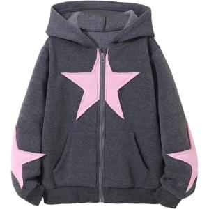 imageSOLY HUX Girls Y2k Zip Up Hoodies Star Graphic Hooded Sweatshirt Casual Jackets StreetwearDark Grey Pink Star