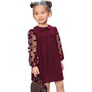 imageSOLY HUX Toddler Girls Doll Collar Sheer Mesh Bishop Long Sleeve Short DressBurgundy Polka Dots