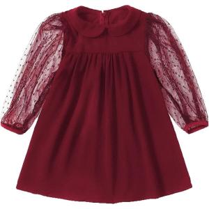 imageSOLY HUX Toddler Girls Doll Collar Sheer Mesh Bishop Long Sleeve Short DressSolid Burgundy