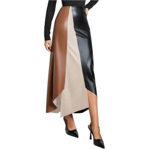 imageSOLY HUX Womens Color Block Faux Leather Skirts High Waisted Asymmetrical Long SkirtKhaki Black Multi