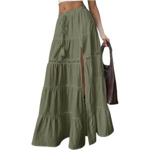 imageSOLY HUX Womens Flowy Maxi Skirt Tie Front Elastic Waist Lace Split Ruffle Hem Long SkirtsPure Army Green