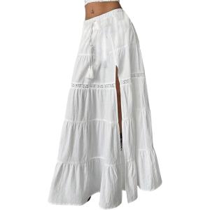 imageSOLY HUX Womens Flowy Maxi Skirt Tie Front Elastic Waist Lace Split Ruffle Hem Long SkirtsSolid White